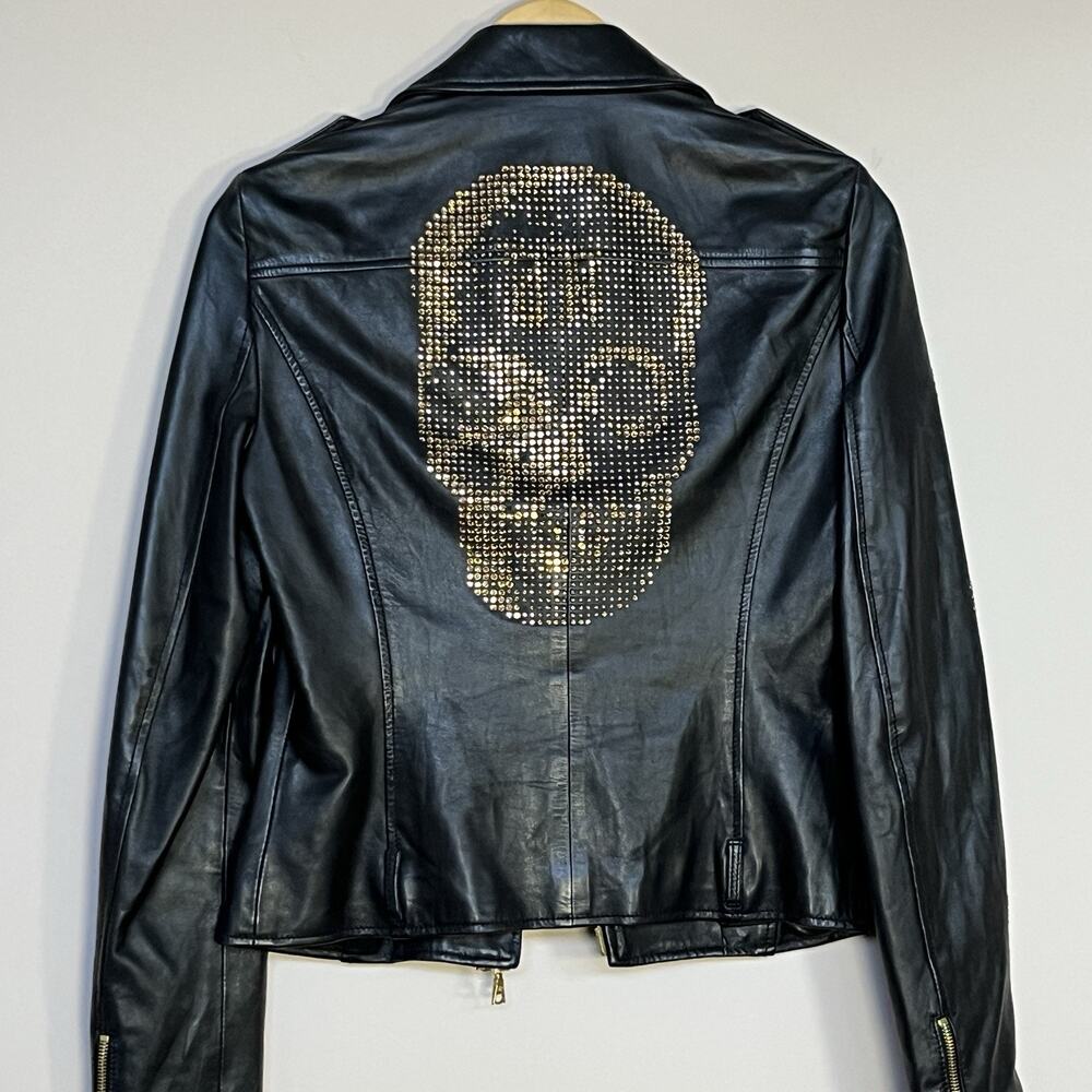 John Richmond Leather Jacket Skull Crystals Black / Gold Size 42 IT / 6 US